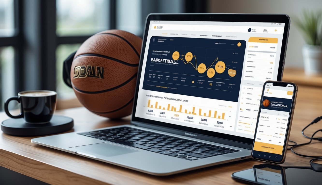Seorang pria menggunakan laptop dan ponsel di meja dengan bola basket, headphone, dan secangkir kopi di sampingnya.