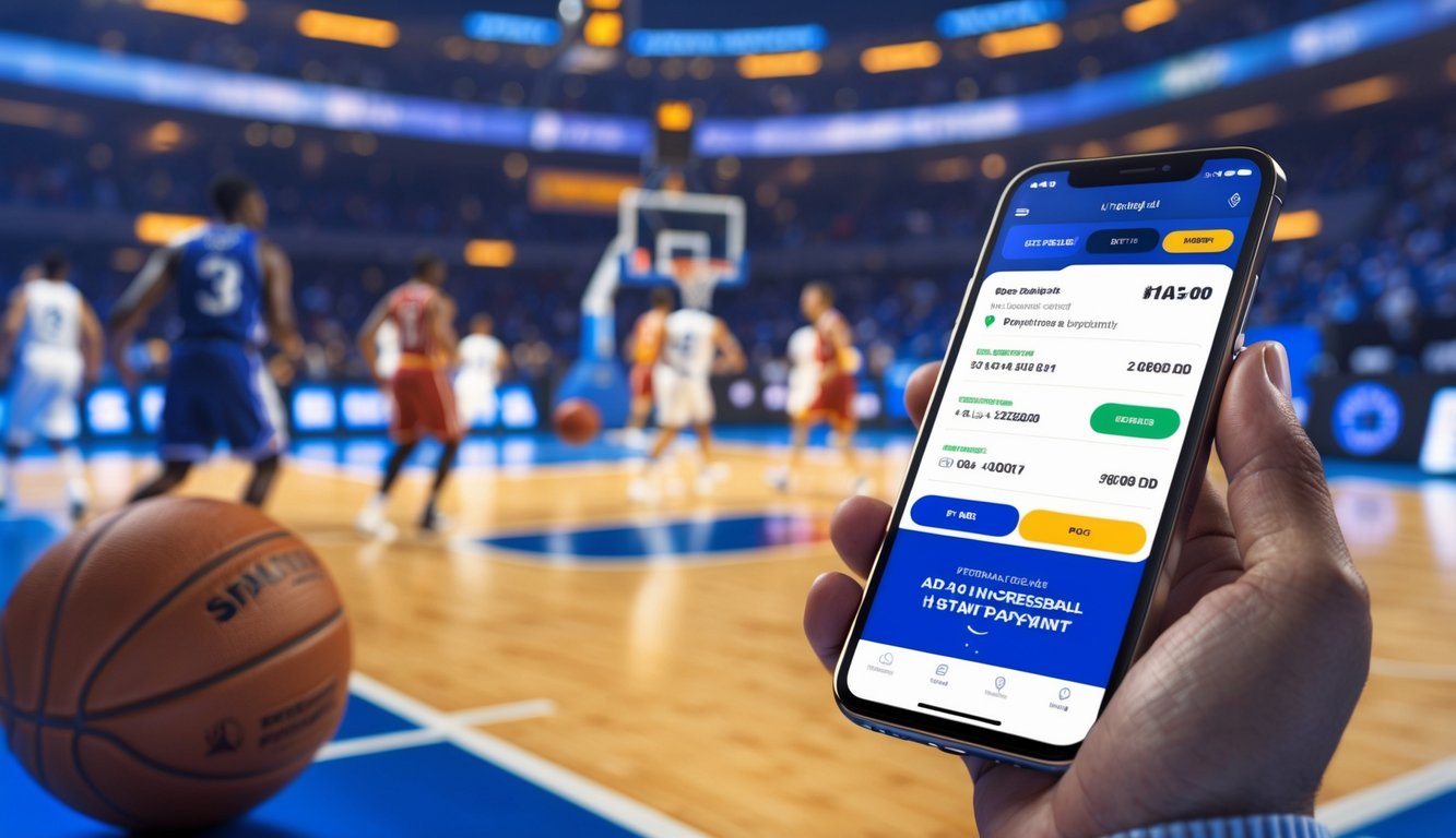 Seseorang menggunakan ponsel dengan aplikasi taruhan basket dan latar belakang lapangan basket dengan pemain yang sedang bermain.