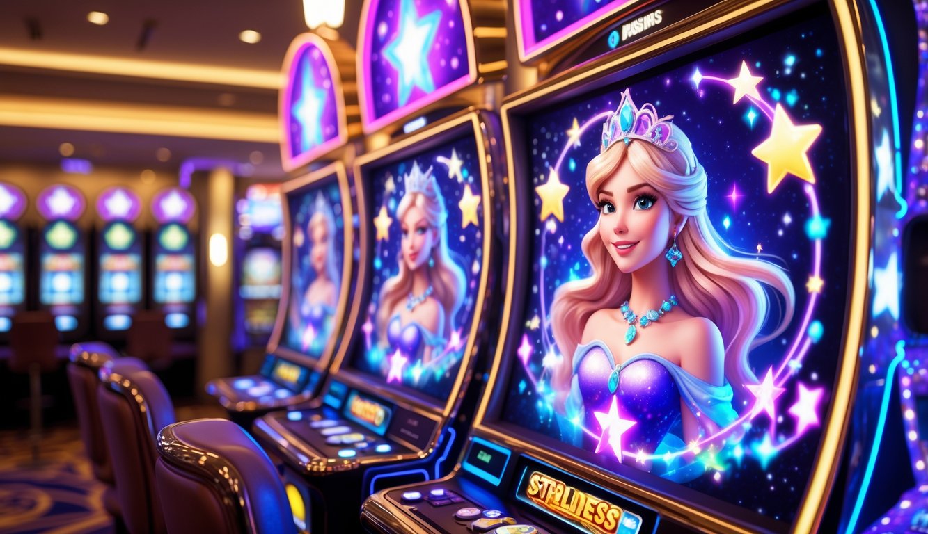 Mesin slot dengan tema putri bercahaya dan bintang di dalam kasino yang terang dan menarik.