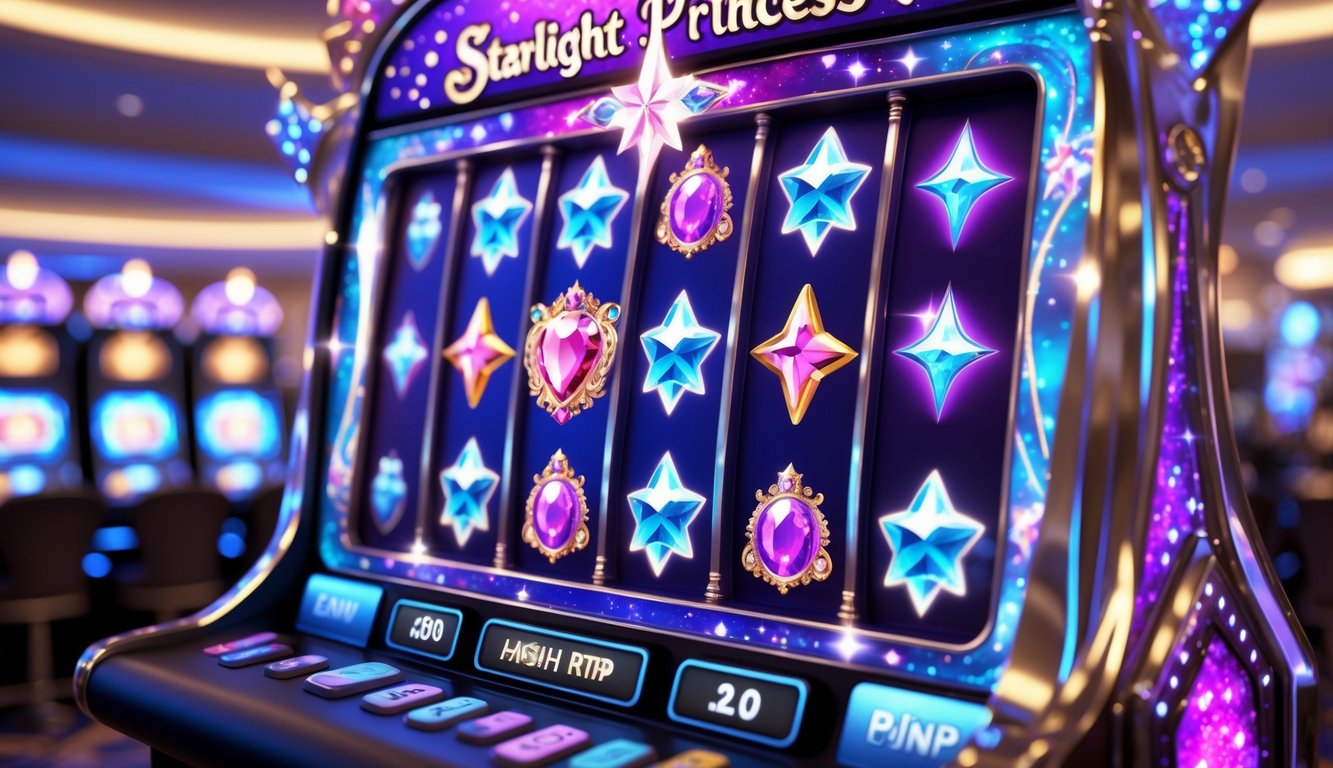 Mesin slot berwarna cerah dengan tema putri bintang dan simbol berkilau di latar kasino.