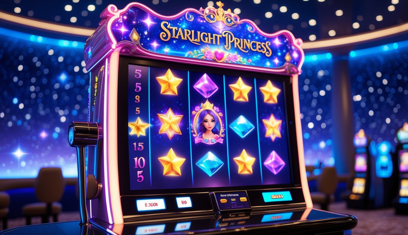 Mesin slot besar dengan tema putri bercahaya dan simbol bintang di latar langit malam berbintang.