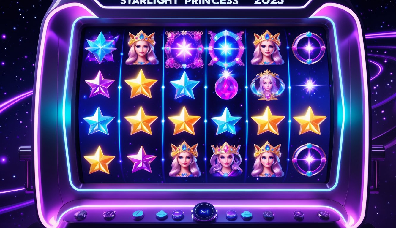 Mesin slot futuristik berwarna ungu dan biru dengan simbol bintang dan ikon putri di latar langit malam berbintang.