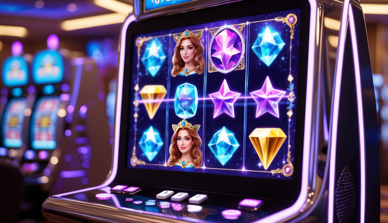 Mesin slot bertema putri bintang dengan simbol bercahaya dan latar belakang kasino yang terang.