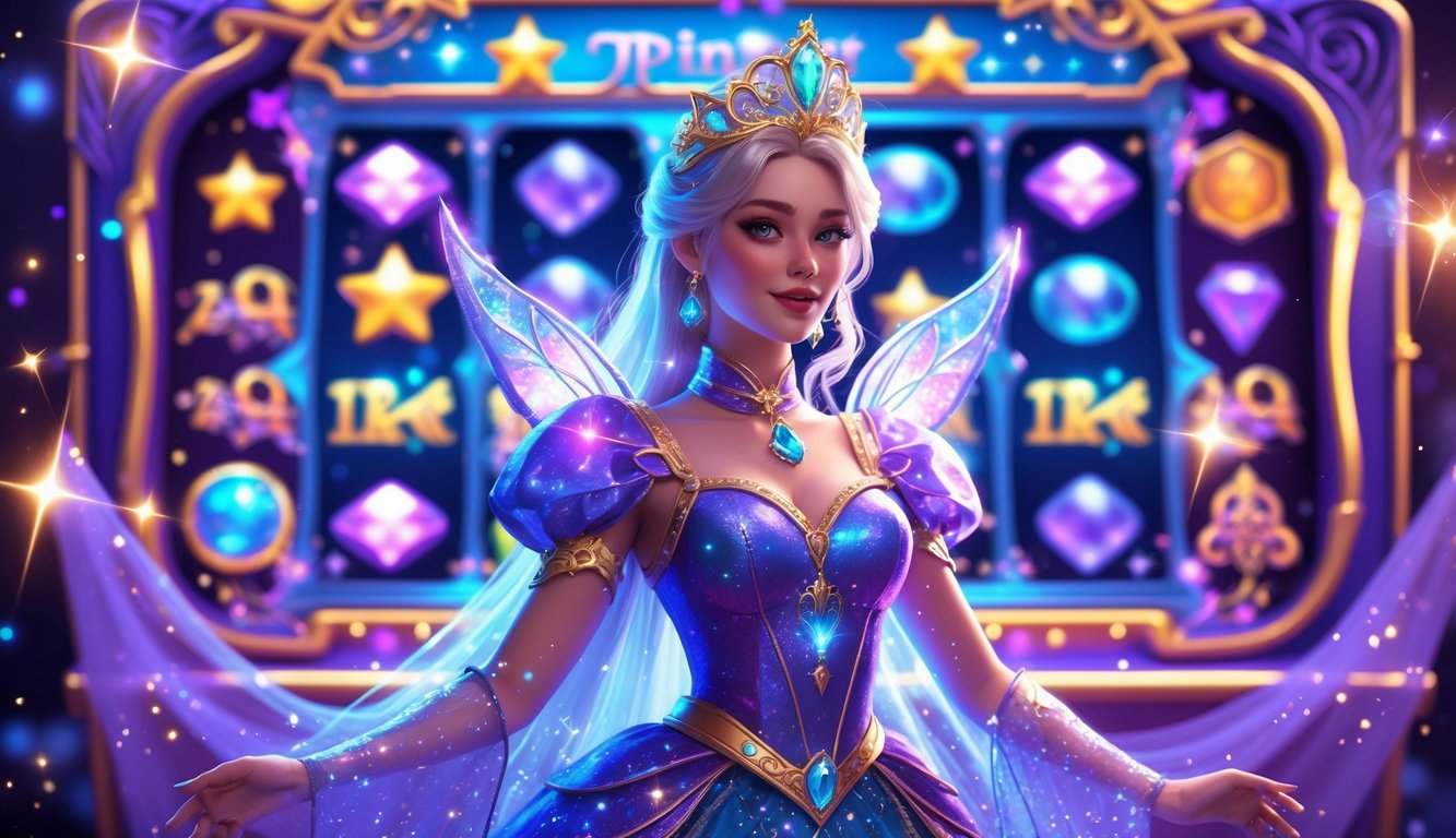 Seorang putri dengan pakaian berkilau dikelilingi bintang dan cahaya magis di depan mesin slot berwarna-warni yang sedang berputar.