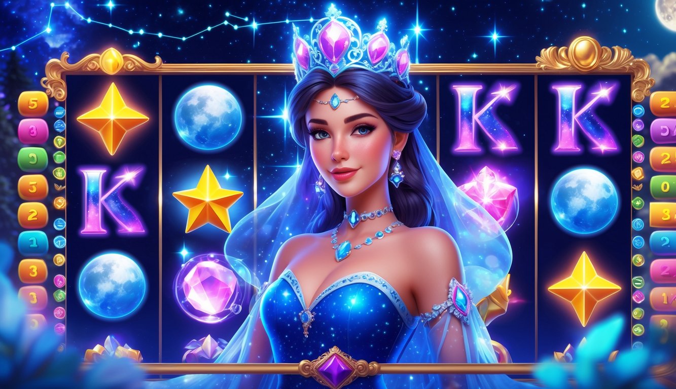 Antarmuka permainan slot online dengan karakter putri bercahaya di bawah langit malam berbintang.