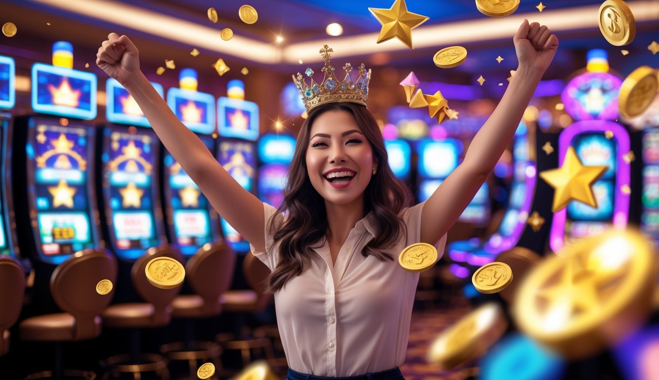 Seorang wanita muda tersenyum dan mengangkat tangan merayakan kemenangan di mesin slot dengan koin emas dan simbol bintang serta mahkota di latar belakang kasino.