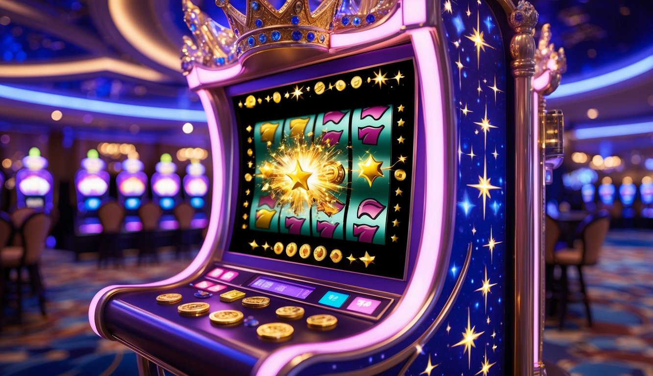 Mesin slot mewah dengan tema putri dan bintang yang menampilkan kemenangan jackpot dengan koin emas dan permata berwarna-warni di dalam kasino yang elegan.