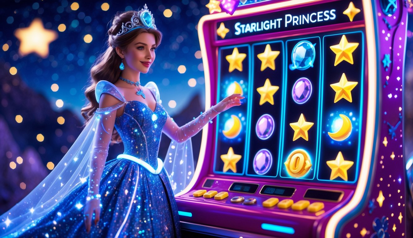 Seorang putri bercahaya berdiri di samping mesin slot berwarna-warni dengan latar langit malam berbintang.