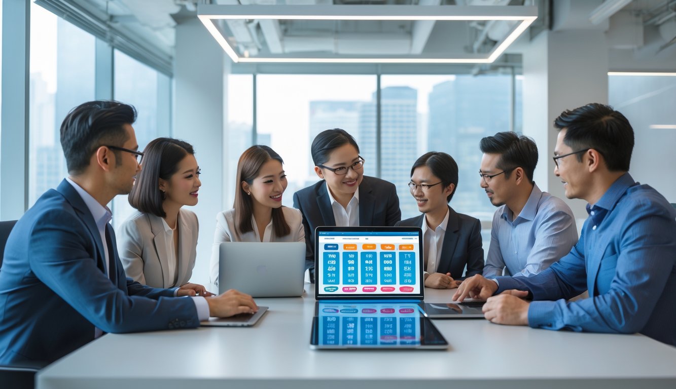 Sekelompok orang sedang berdiskusi di meja kantor modern dengan perangkat digital, fokus pada strategi togel Hong Kong.