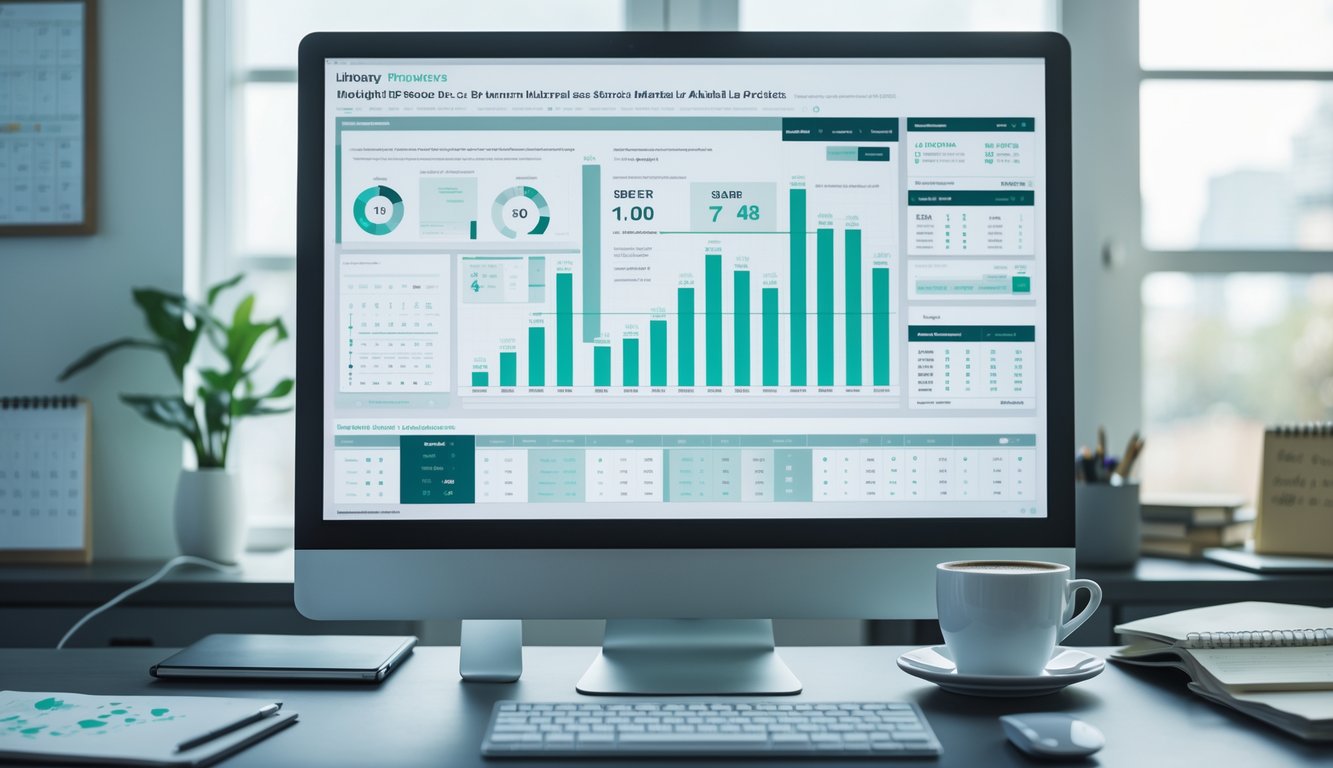 Meja kerja modern dengan monitor menampilkan grafik dan data angka, suasana fokus dan analitis.