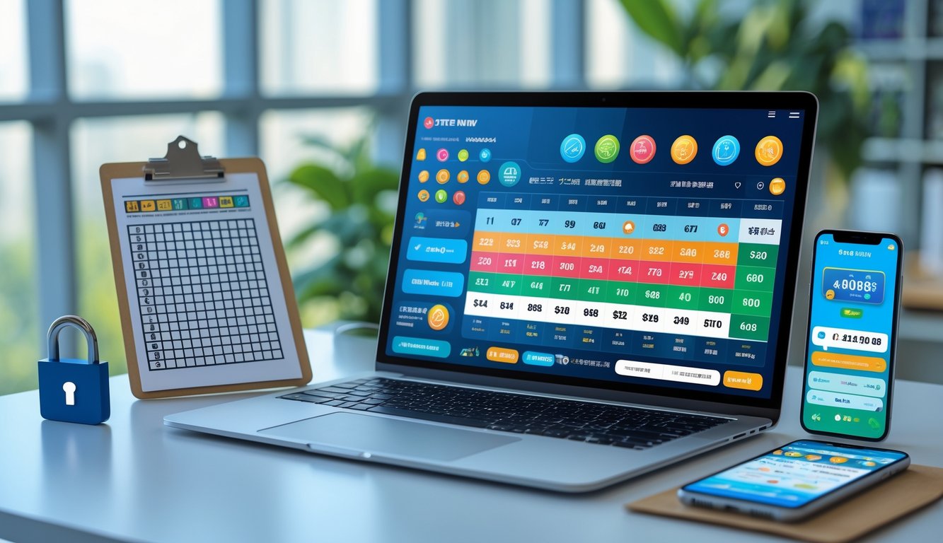 Sebuah meja kerja dengan laptop yang menampilkan antarmuka digital angka lotere dan grafik, dikelilingi oleh simbol keamanan dan perangkat elektronik di lingkungan kantor yang tenang.