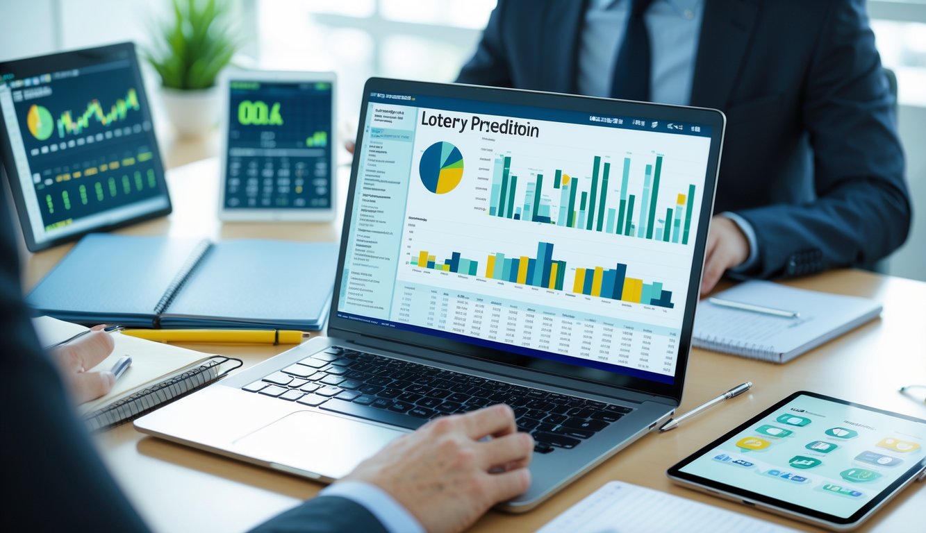 Seorang pria sedang menganalisis data di meja kerja dengan laptop dan perangkat digital lainnya di kantor yang terang.