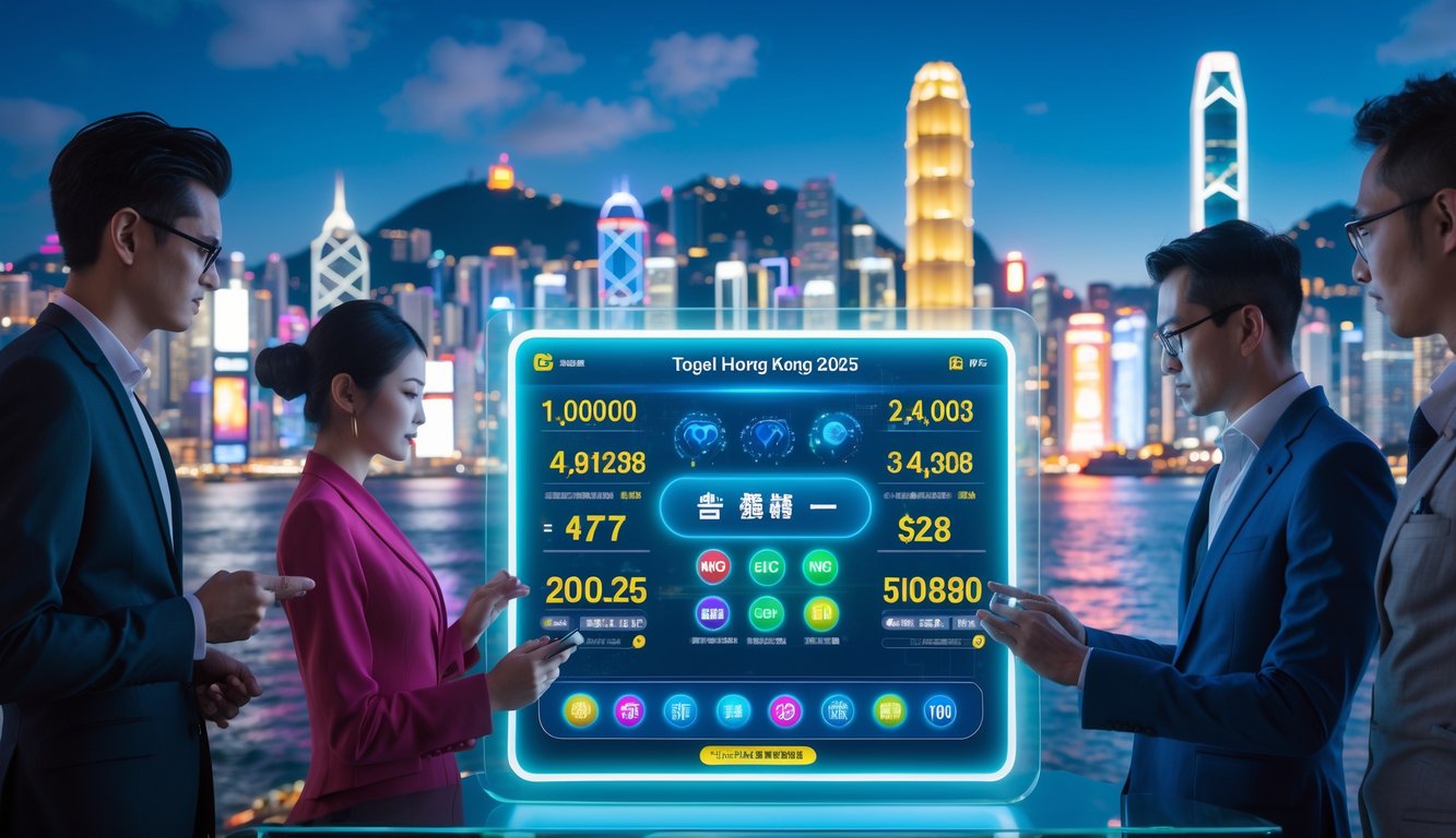 Orang-orang yang sedang menggunakan antarmuka digital dengan latar belakang pemandangan kota Hong Kong pada malam hari.