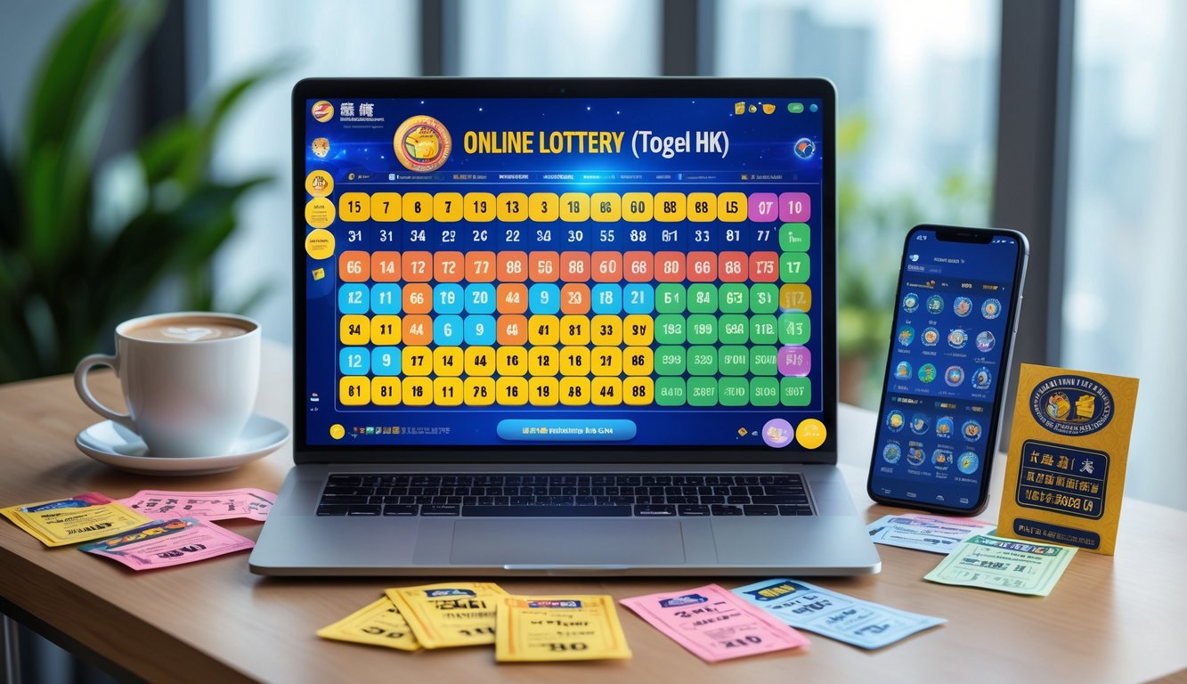 Meja kerja dengan laptop menampilkan antarmuka togel online, tiket togel, ponsel dengan aplikasi togel, dan cangkir kopi di ruang yang terang.