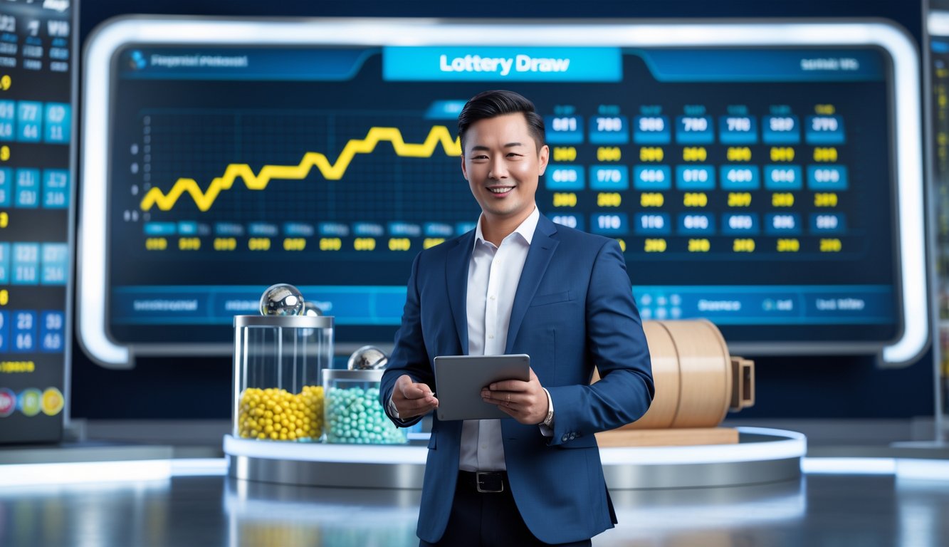 Seorang presenter di studio modern dengan layar digital menampilkan angka dan grafik hasil undian lotere.