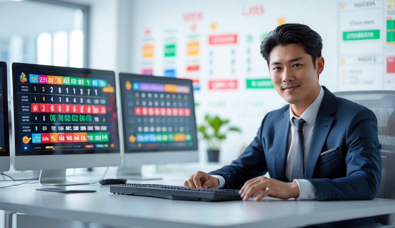 Seorang pria muda duduk di depan komputer dengan layar menampilkan angka lotre dan grafik di sebuah kantor modern.