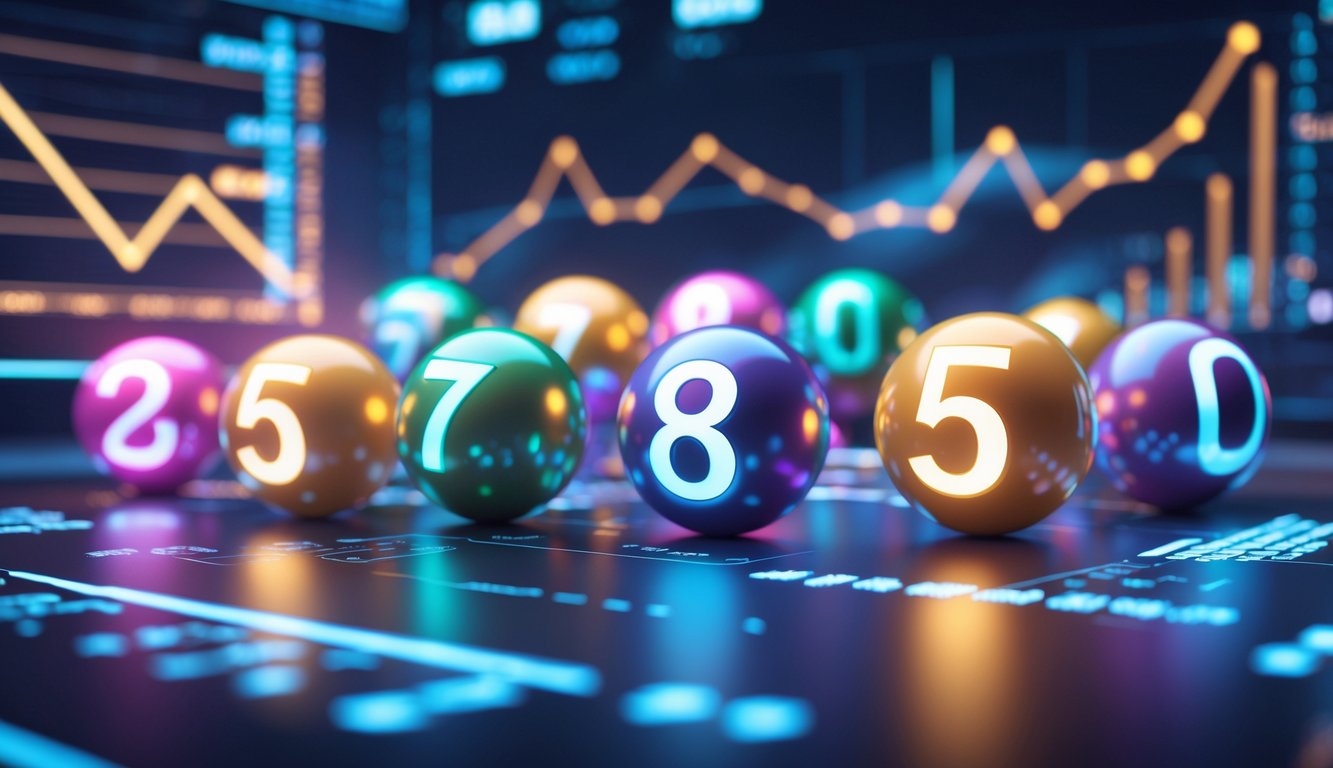Antarmuka digital modern dengan angka lotere 3D dan 2D berwarna-warni dikelilingi grafik dan elemen data yang menunjukkan kemenangan.