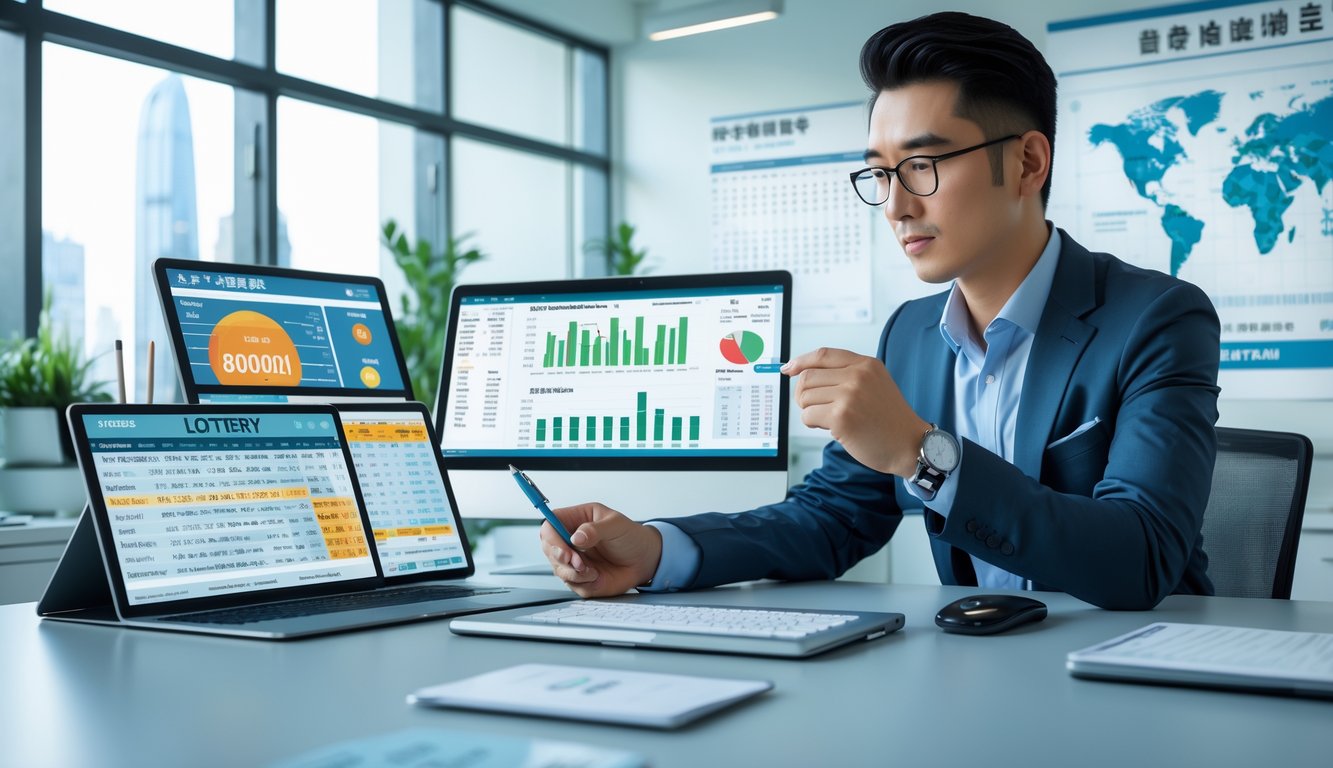 Seorang profesional sedang menganalisis data prediksi togel di kantor modern dengan perangkat digital.