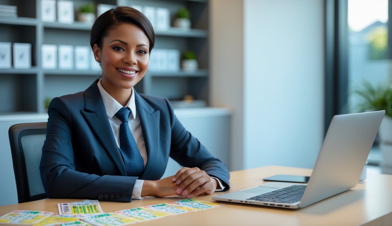 Seorang agen togel duduk di meja kantor modern dengan tiket togel dan perangkat elektronik, tersenyum percaya diri.