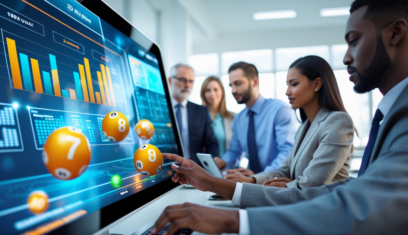 Orang-orang sedang menggunakan layar sentuh besar dengan grafik angka dan bola lotere 3D di ruangan kantor yang terang dan modern.