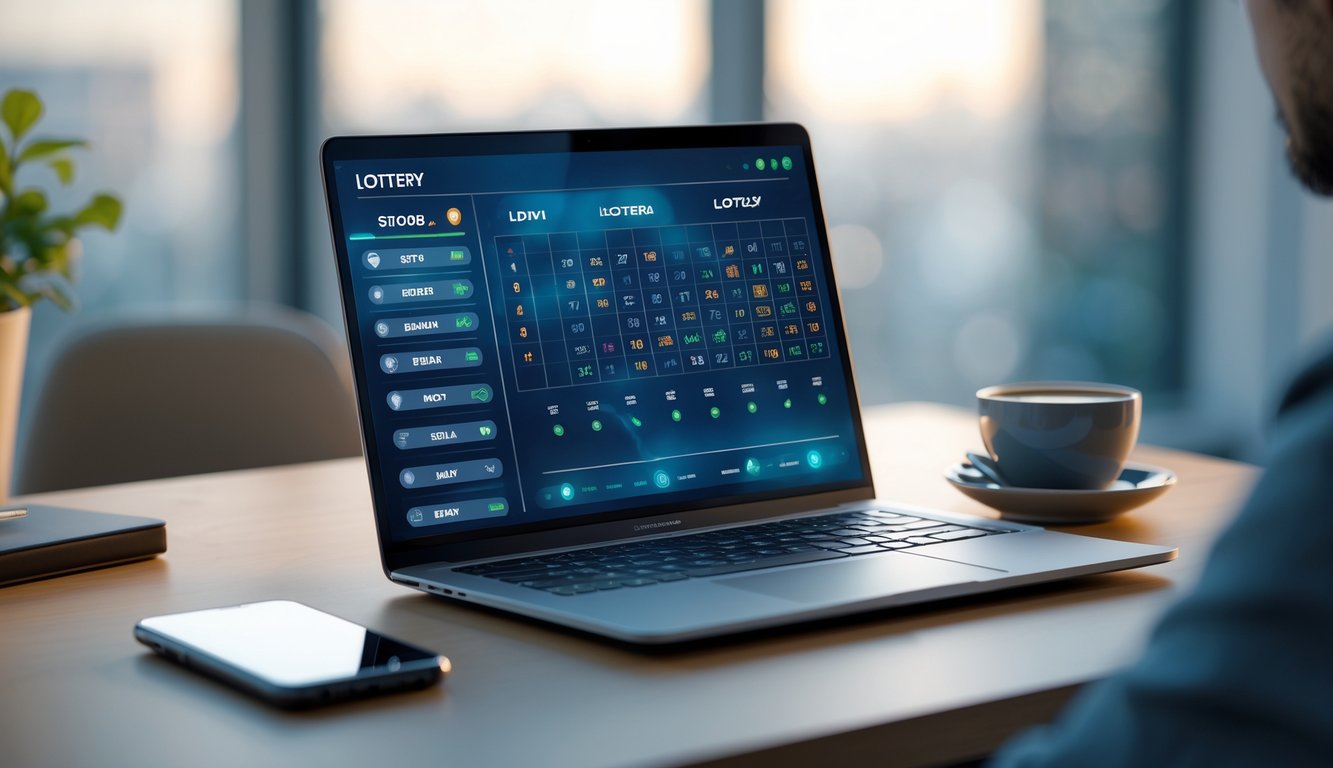 Meja kerja modern dengan laptop yang menampilkan antarmuka lotere digital dan beberapa perangkat di sekitarnya.