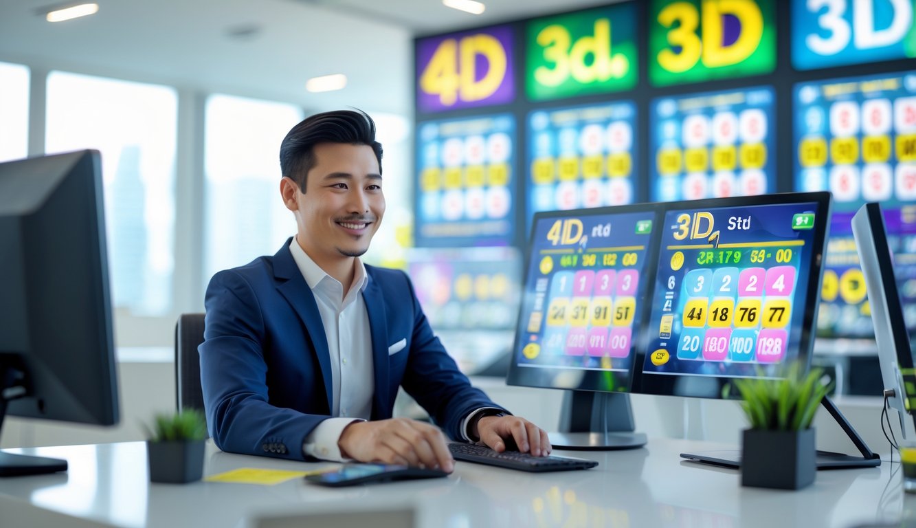 Seorang agen lotere profesional sedang melayani pelanggan di kantor modern dengan layar digital menampilkan angka lotere dan simbol bonus.