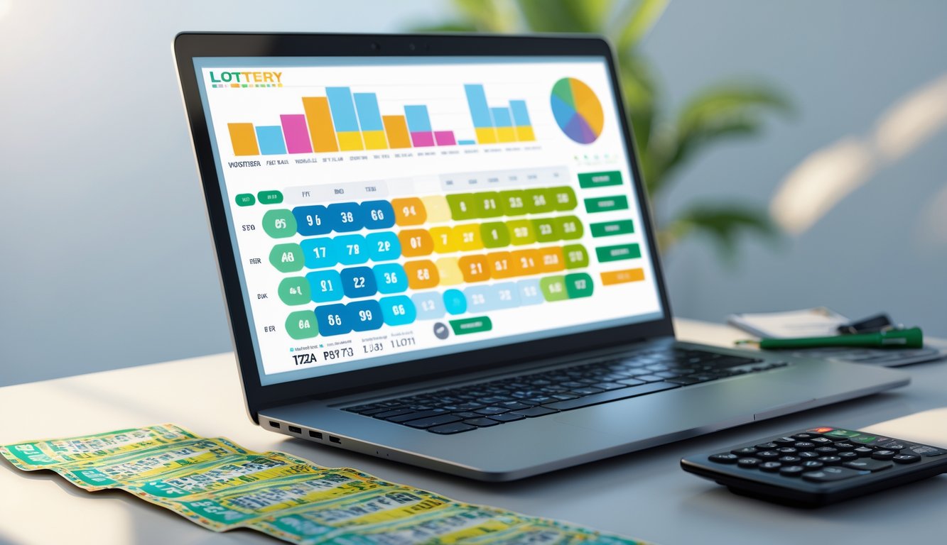 Meja kerja dengan laptop, tiket togel, pena, dan kalkulator yang rapi diatur.
