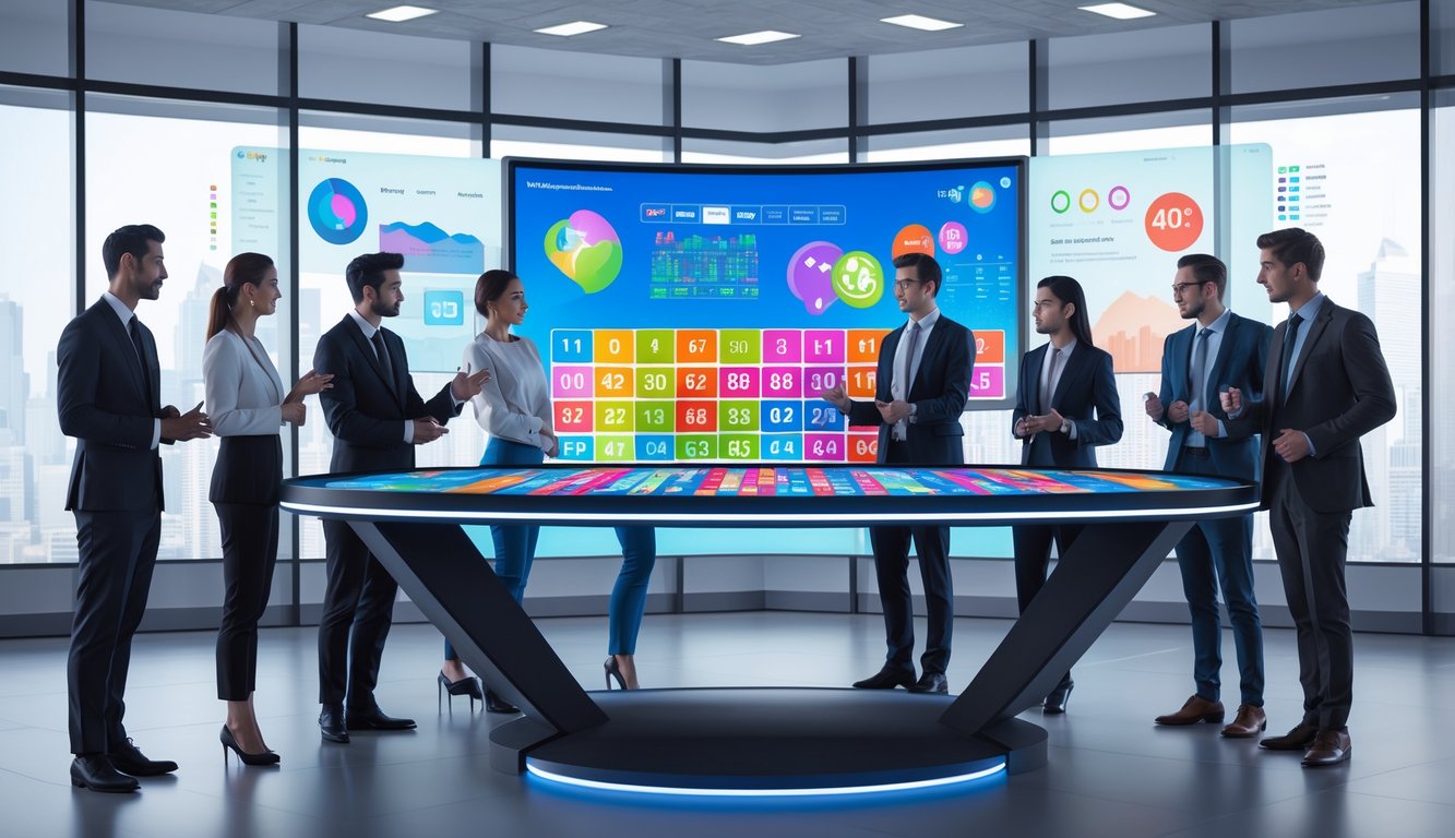 Sekelompok profesional muda sedang berdiskusi di kantor modern dengan layar digital besar yang menampilkan data permainan togel online.
