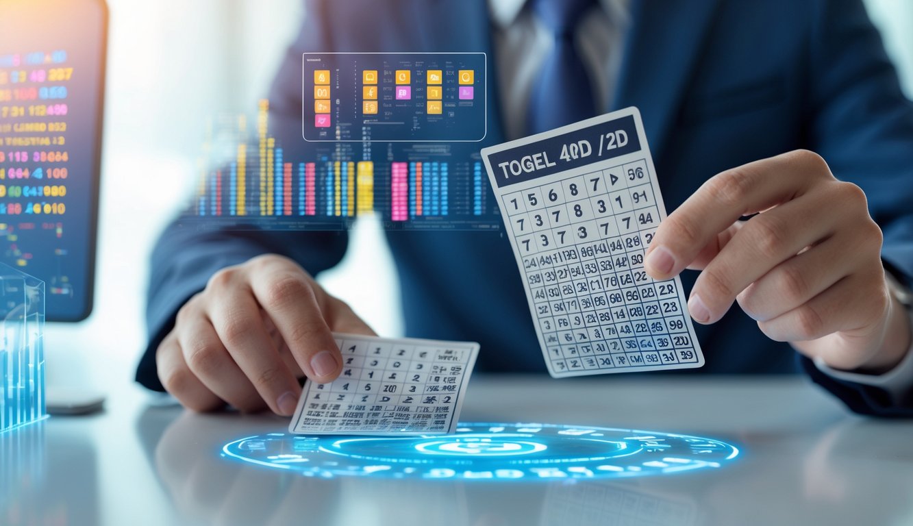 Tangan memegang tiket lotere dengan angka, latar belakang layar digital menampilkan angka dan grafik prediksi.