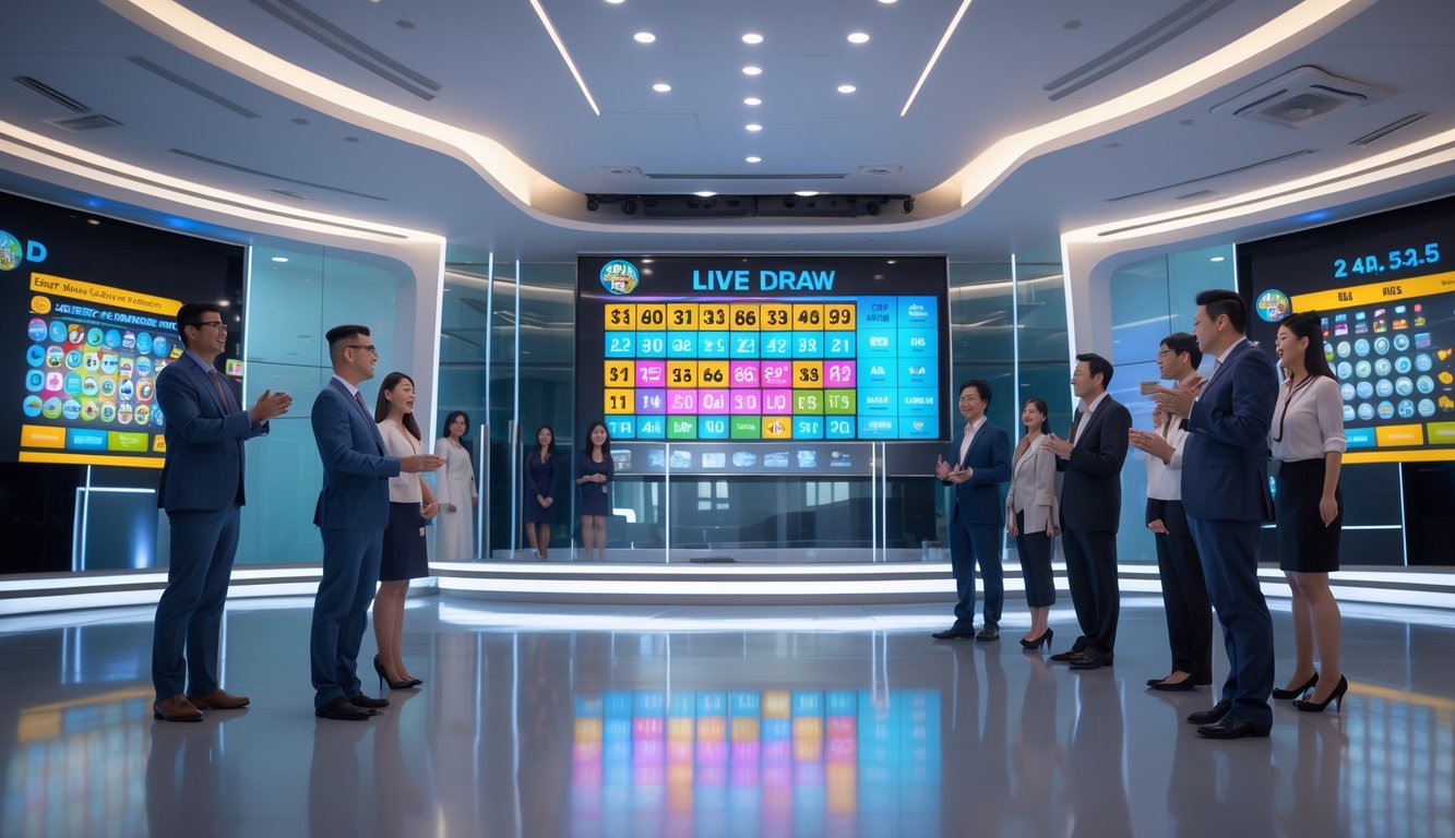 Suasana studio modern dengan layar digital menampilkan angka lotere dan orang-orang yang sedang mengikuti proses pengundian secara langsung.