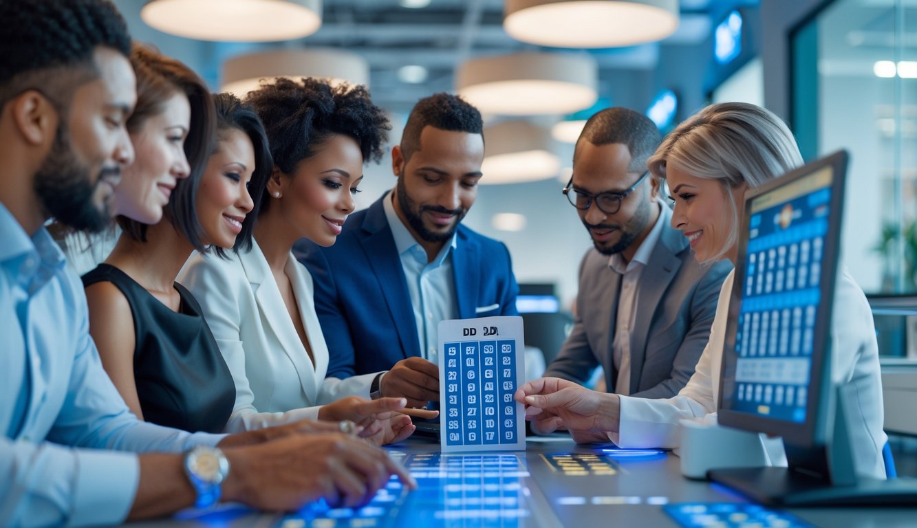 Sekelompok orang dewasa sedang memeriksa tiket lotere dan layar digital dengan angka dalam suasana kantor modern yang terang dan rapi.