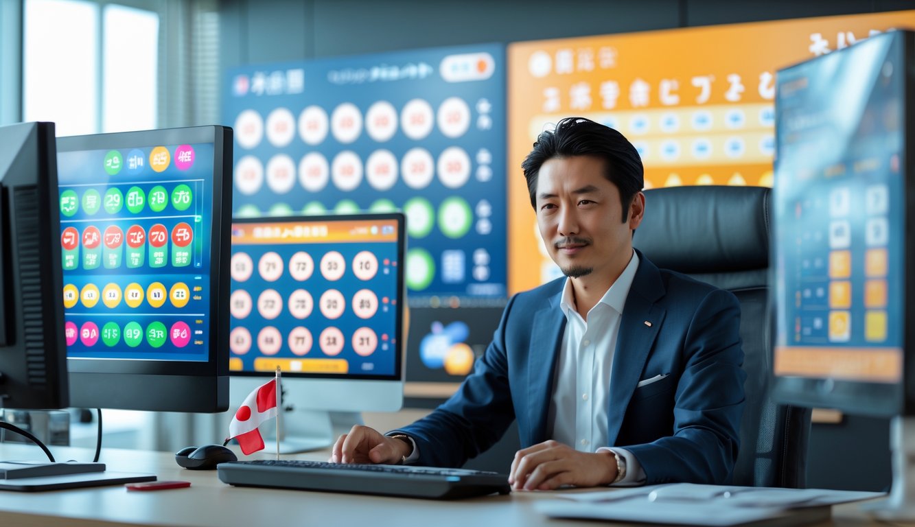 Seorang pria Asia duduk di meja kantor dengan beberapa layar komputer yang menampilkan angka lotere, dengan dekorasi bergaya Jepang di latar belakang.