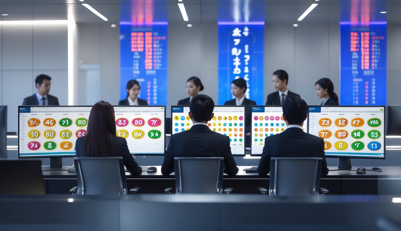 Suasana kantor modern dengan beberapa orang sedang bekerja menggunakan komputer yang menampilkan pola angka lotere berwarna-warni dengan sentuhan budaya Jepang.