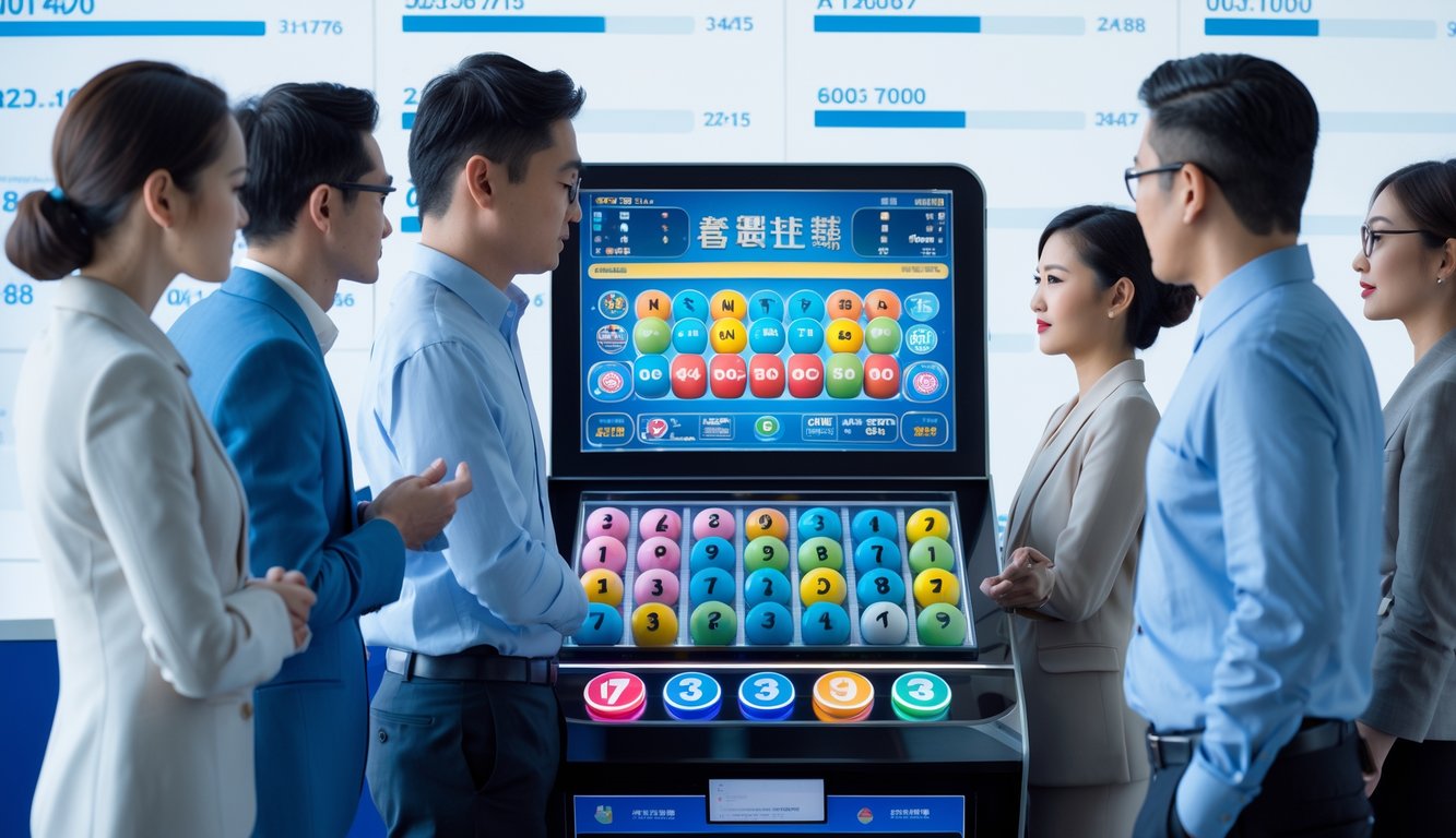 Orang-orang memperhatikan mesin undian lotre dengan bola bernomor berwarna-warni di sebuah ruangan modern.