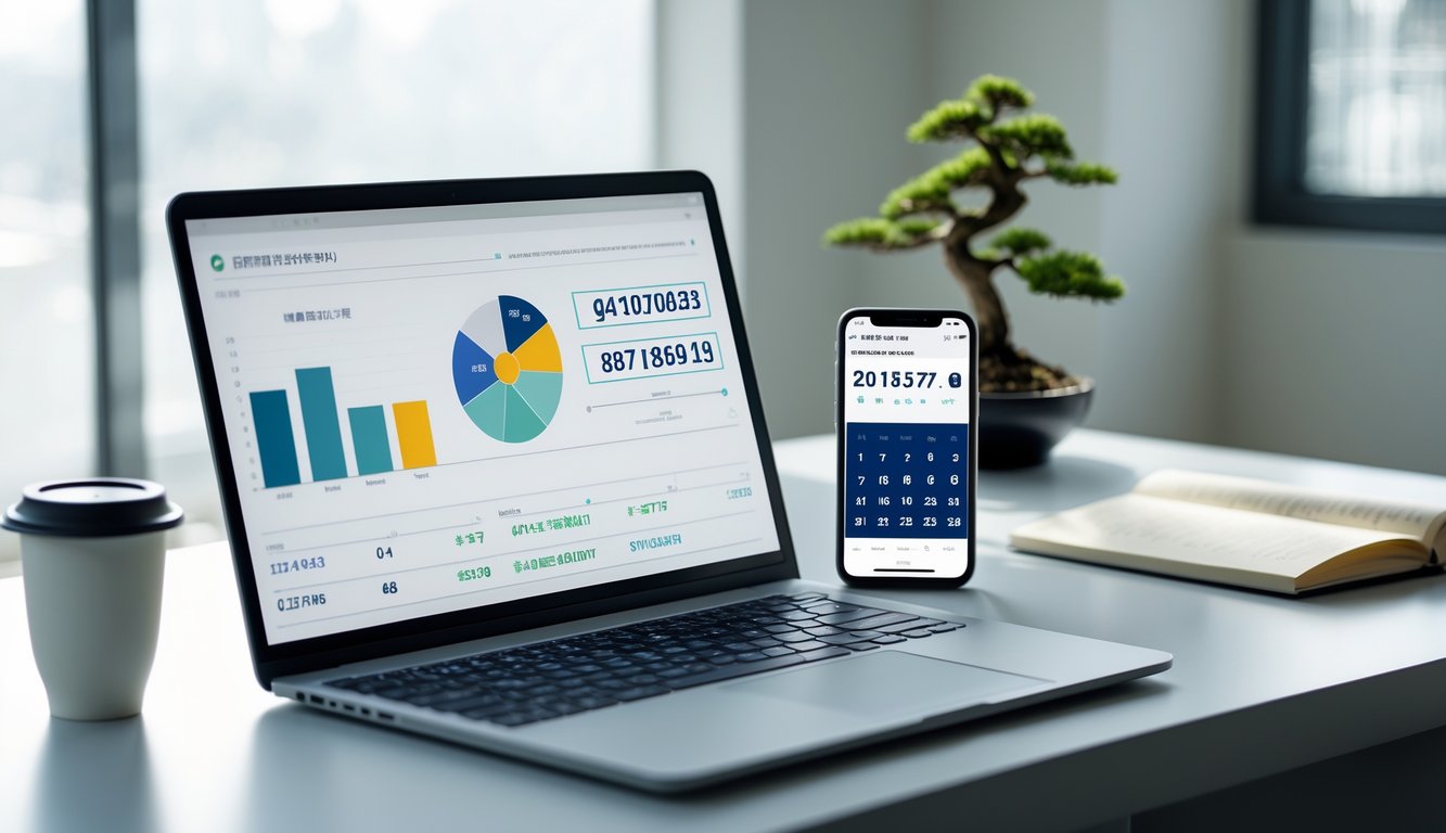 Meja kerja modern dengan laptop, ponsel, dan tanaman bonsai kecil di samping jendela yang menerangi ruangan.