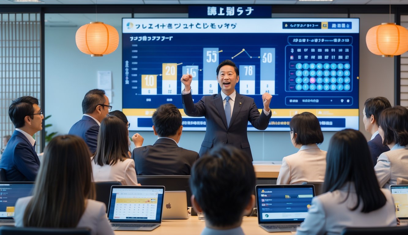 Sekelompok orang di kantor modern sedang mengikuti acara pengundian lotere secara langsung dengan latar belakang elemen desain Jepang.