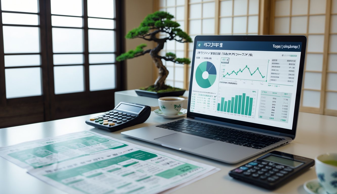 Meja kerja modern dengan laptop, kertas angka, kalkulator, dan pohon bonsai kecil di latar belakang.