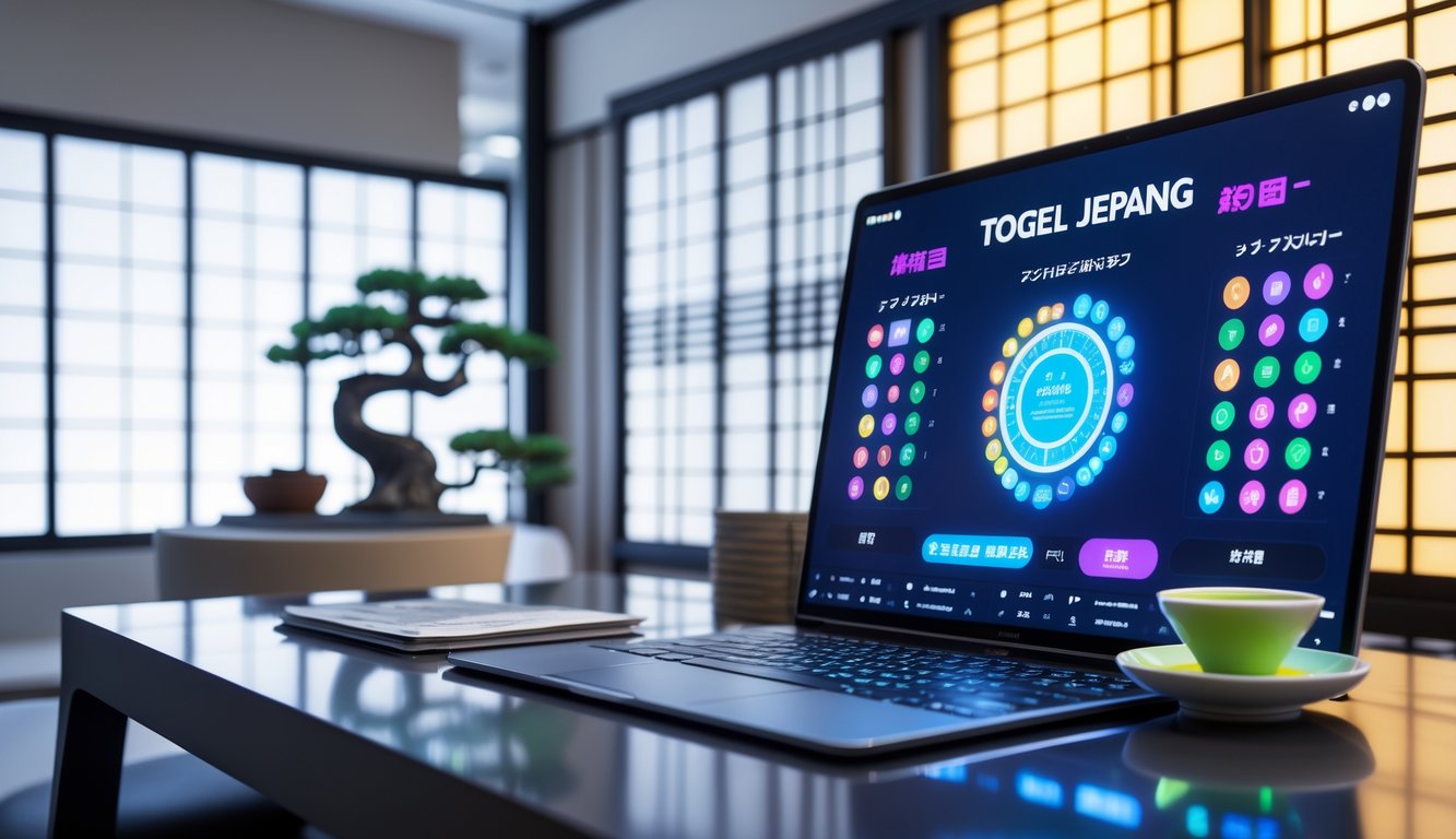 Suasana ruangan modern dengan perangkat digital menampilkan angka dan grafik lotere Jepang, dihiasi tanaman bonsai dan elemen desain Jepang minimalis.