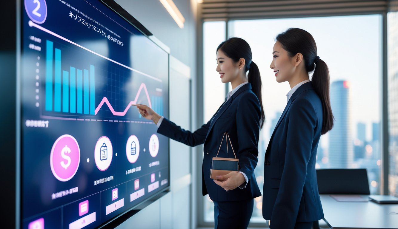 Dua profesional bisnis sedang berinteraksi dengan layar sentuh digital di kantor modern dengan latar belakang kota Tokyo.