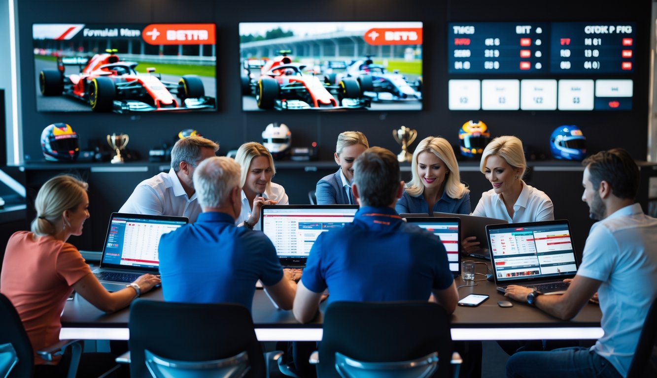 Orang-orang sedang memasang taruhan pada balapan Formula 1 di sebuah ruang taruhan dengan layar besar yang menampilkan balapan dan statistik.
