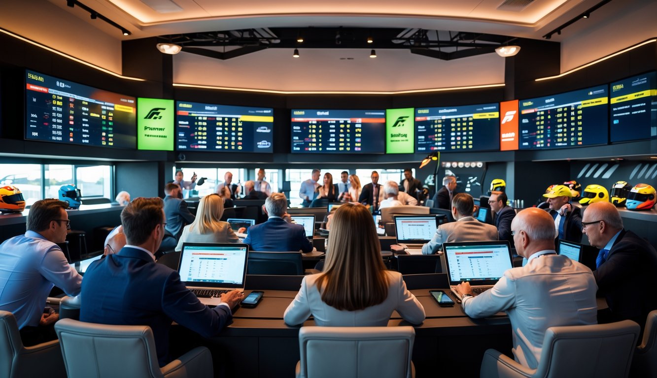 Sejumlah orang sedang memasang taruhan pada balapan Formula 1 di sebuah ruang taruhan modern dengan layar digital yang menampilkan data balapan.