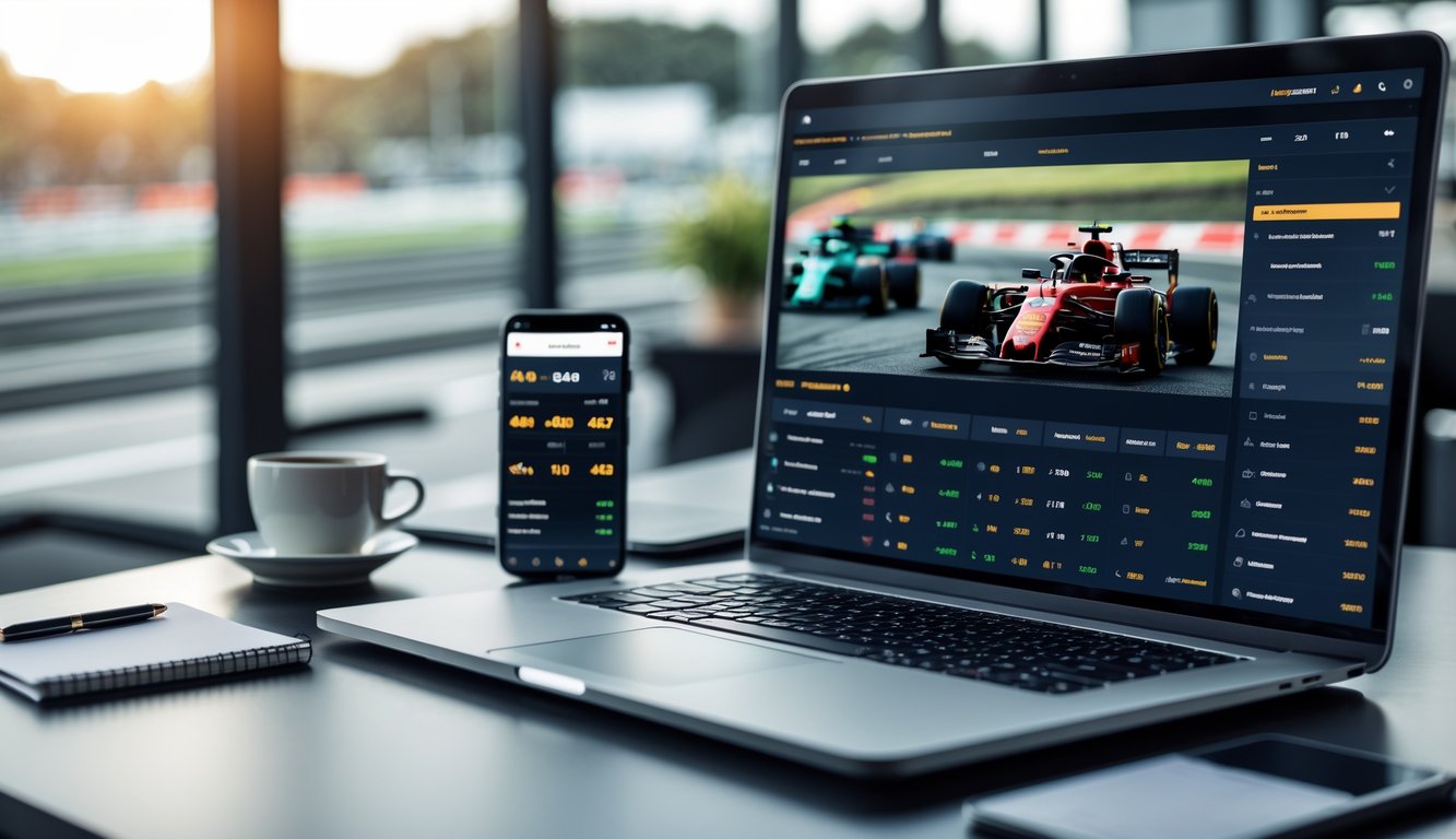 Seorang pria menggunakan laptop di meja kerja dengan tampilan balapan Formula 1 di layar, dikelilingi oleh ponsel dan alat tulis.