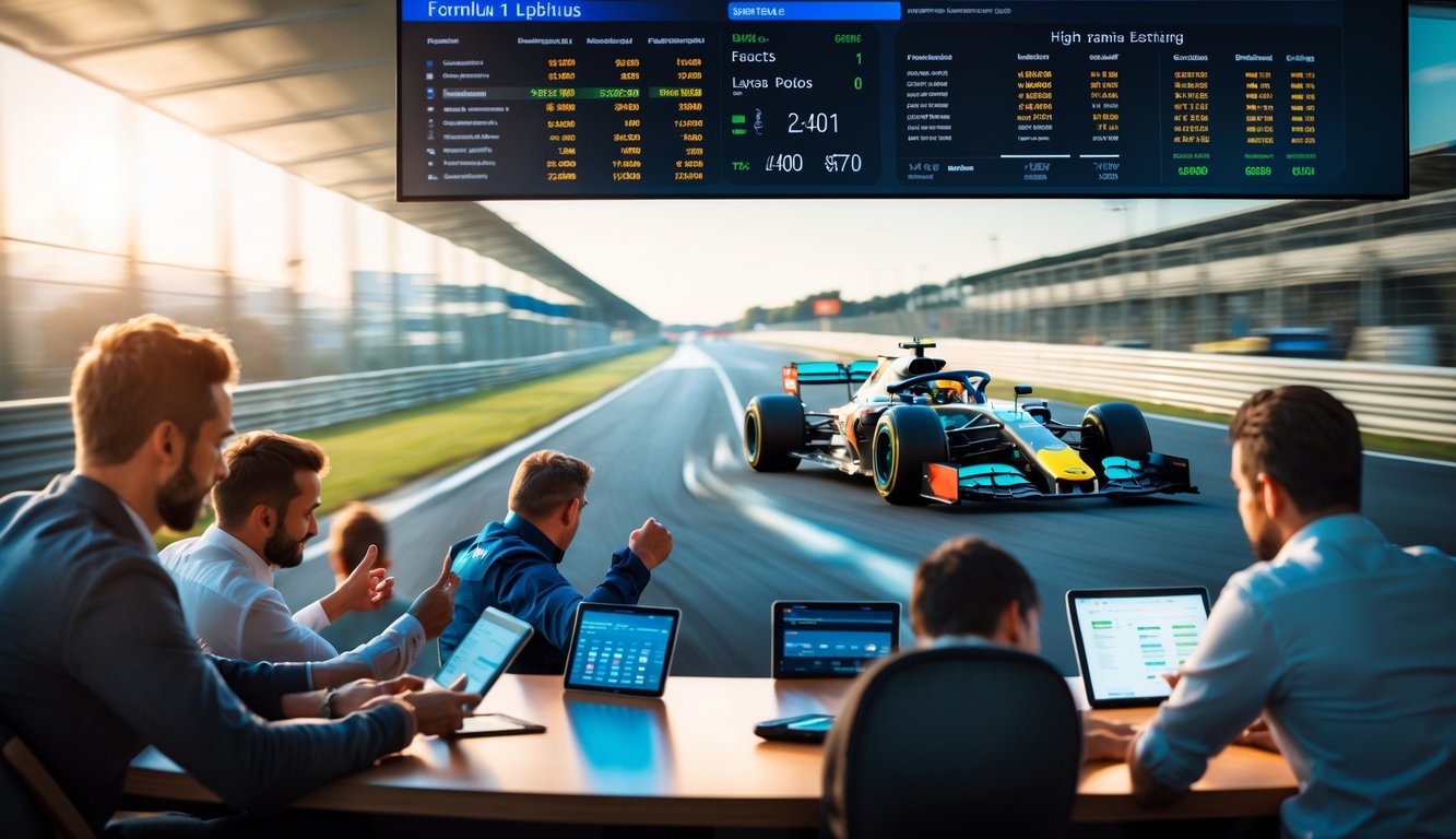 Beberapa orang sedang melihat layar besar dengan statistik balapan Formula 1 dan berdiskusi di lingkungan taruhan olahraga.