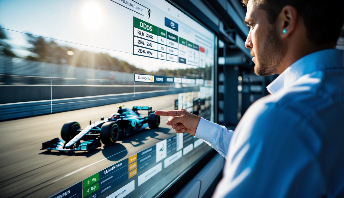 Seseorang menggunakan layar sentuh digital dengan tampilan peluang taruhan Formula 1, dengan mobil balap Formula 1 yang sedang melaju di latar belakang.