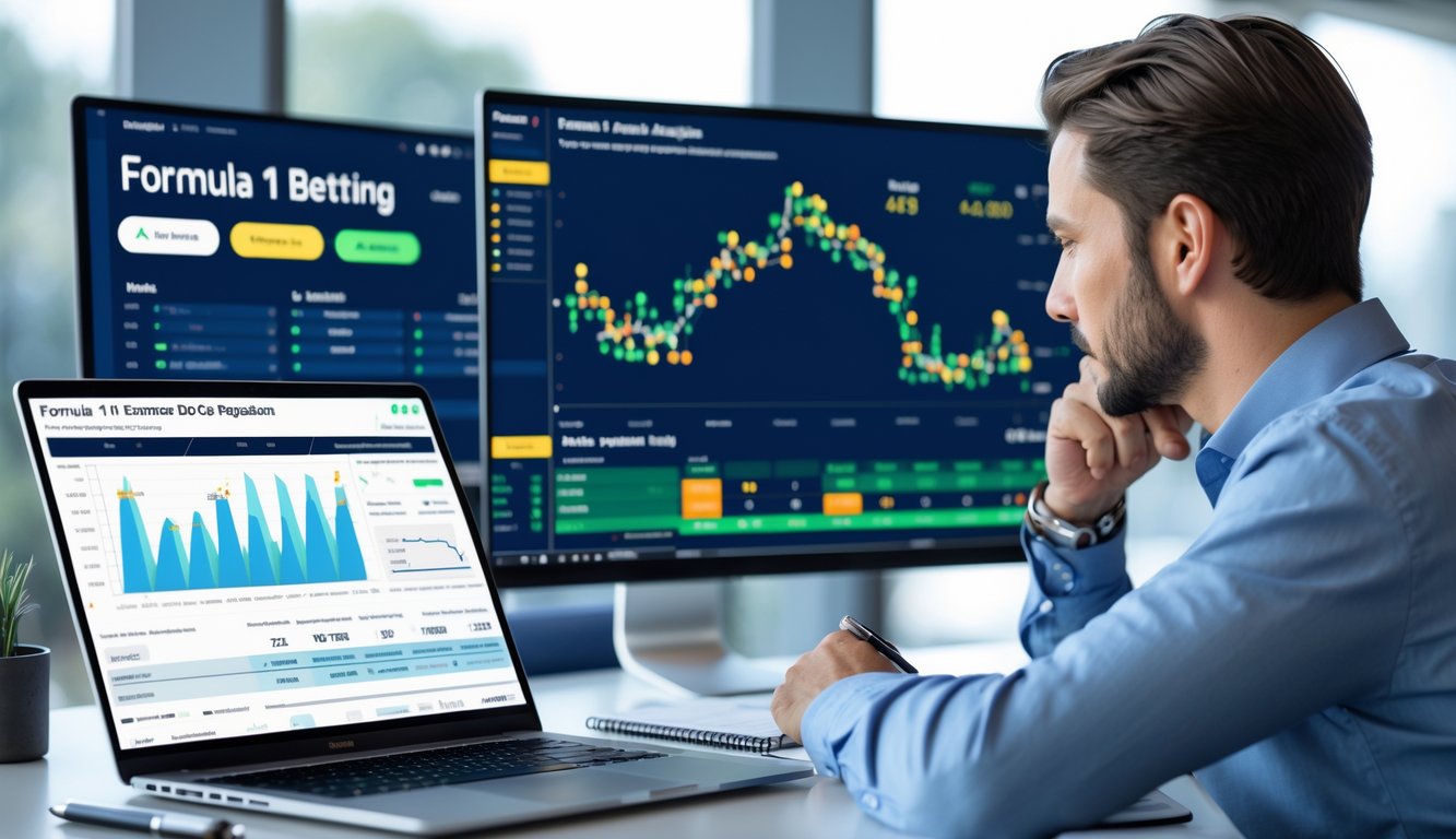Seseorang sedang menganalisis data taruhan Formula 1 di meja kerja dengan laptop dan monitor yang menampilkan grafik dan peta lintasan balap.