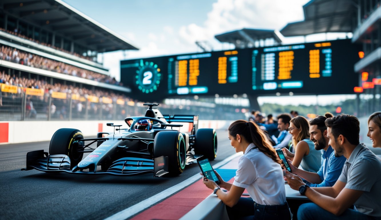 Sekelompok orang menggunakan perangkat digital di samping lintasan balap Formula 1 dengan mobil balap melaju cepat dan penonton di tribun.