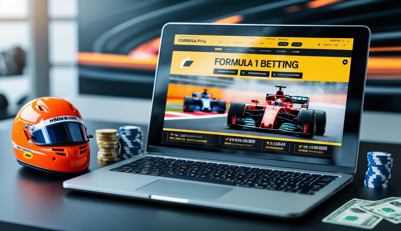 Seorang pria menggunakan laptop dengan tampilan situs taruhan Formula 1 di layar, di meja terdapat model mobil Formula 1 dan chip taruhan.