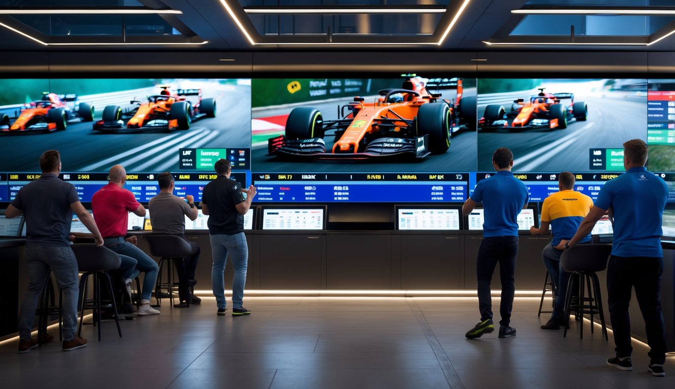 Orang-orang sedang memasang taruhan langsung pada balapan Formula 1 dengan layar besar menampilkan data balapan dan odds taruhan.