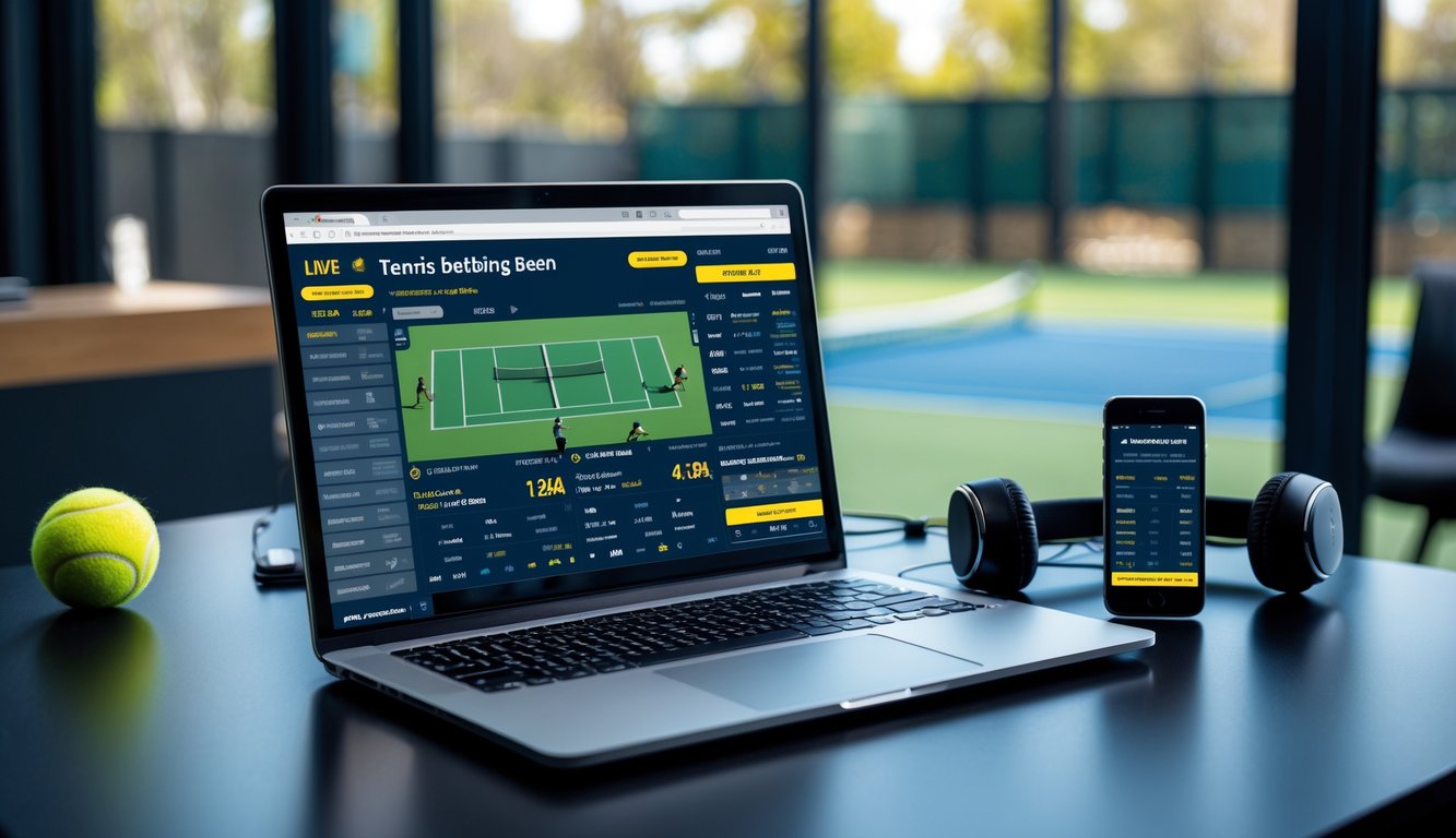 Seorang pria duduk di depan laptop dan ponsel dengan tampilan taruhan tenis online, di latar belakang terlihat lapangan tenis melalui jendela besar.