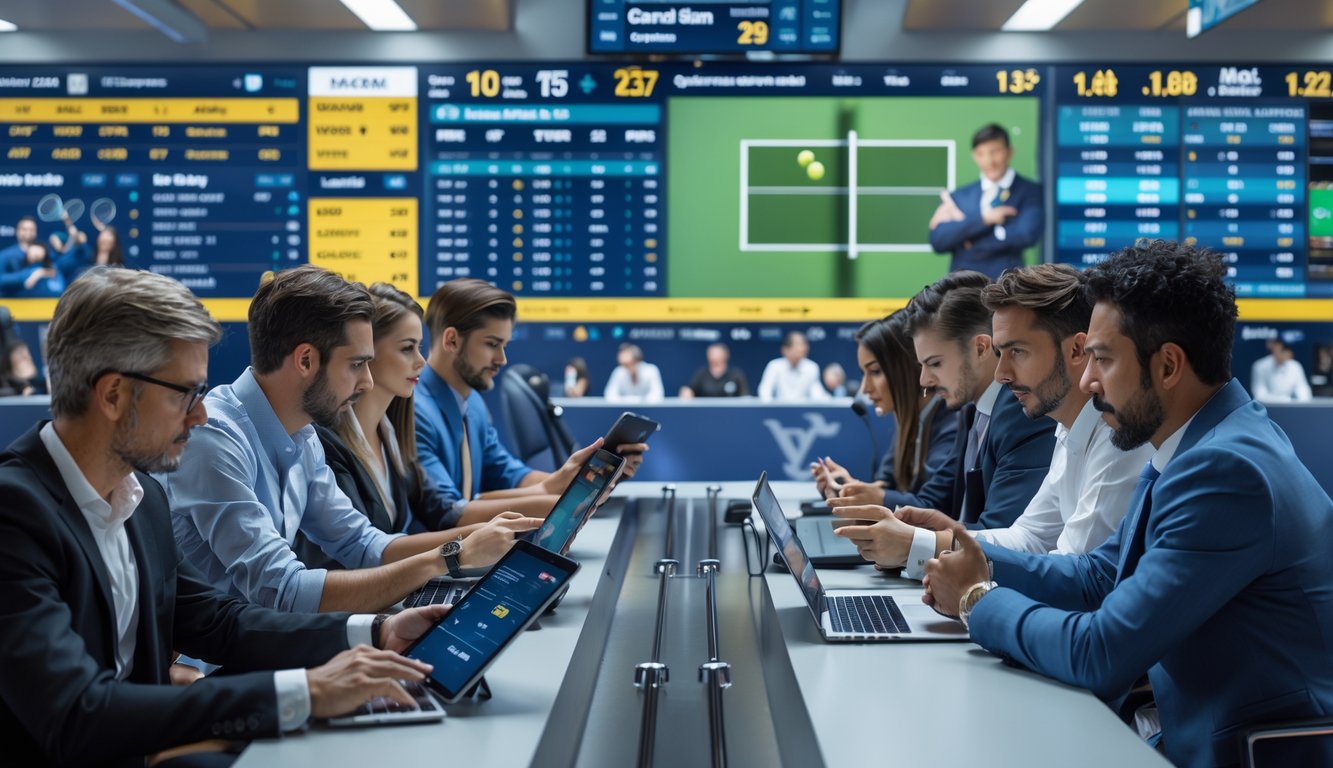 Orang-orang yang serius sedang menganalisis data taruhan tenis Grand Slam di sebuah kantor taruhan modern dengan layar digital besar menampilkan statistik pertandingan tenis.